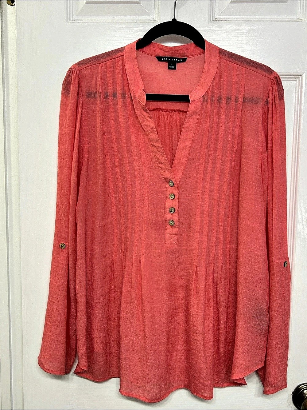 Zac & Rachel Coral Pink Pintuck Tunic Blouse Boho Roll Tab Sleeve Size Large